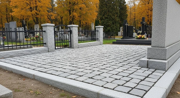 Благоустройство захоронений в Пензе — мощение гранитной плиткой, цоколь и ограда на ухоженном участке