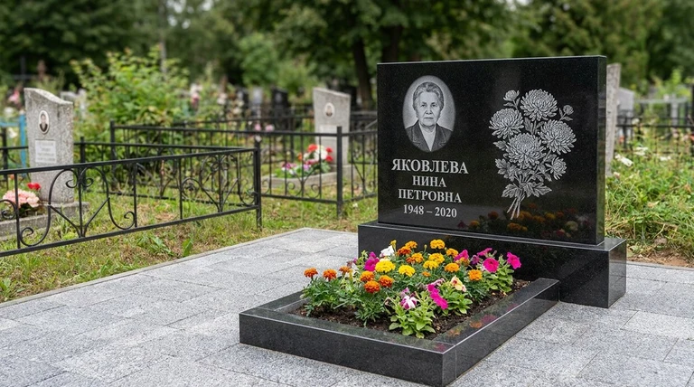 Гравировка хризантем на памятник в Пензе — пример работы на граните