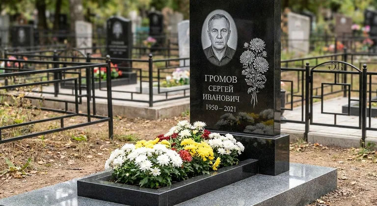 Памятник с гравировкой хризантем — выполненная работа «Громов» в Пензе