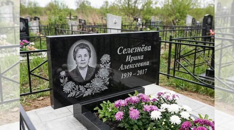 Памятник с гравировкой хризантем — выполненная работа «Селезнёва» в Пензе