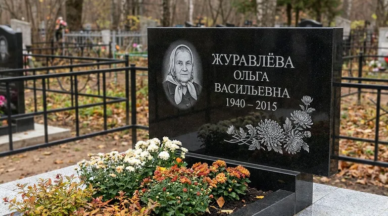 Памятник с гравировкой хризантем — выполненная работа «Журавлёва» в Пензе