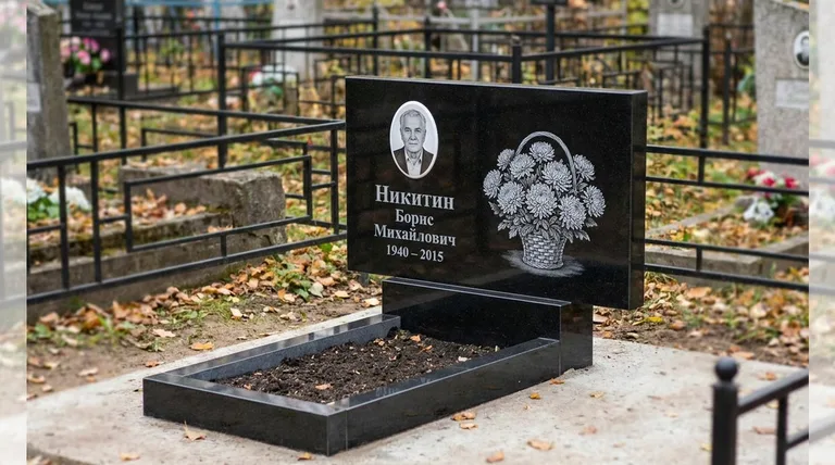 Памятник с гравировкой хризантем — выполненная работа «Никитин» в Пензе