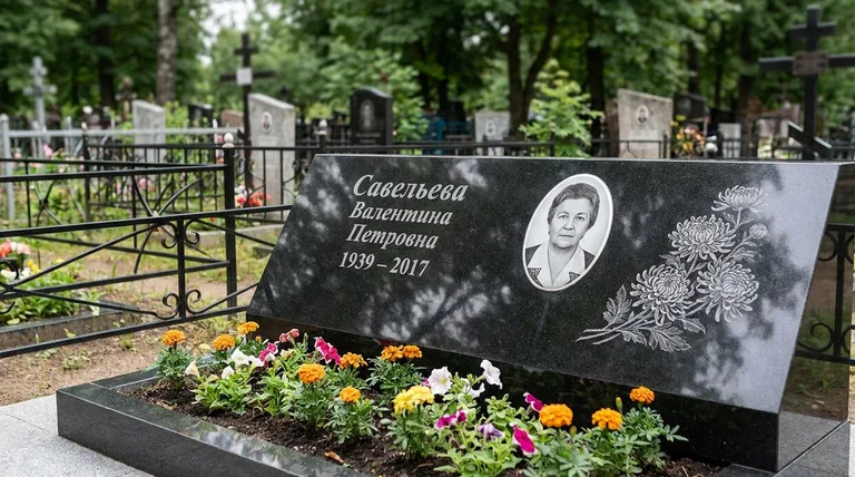 Памятник с гравировкой хризантем — выполненная работа «Савельева» в Пензе