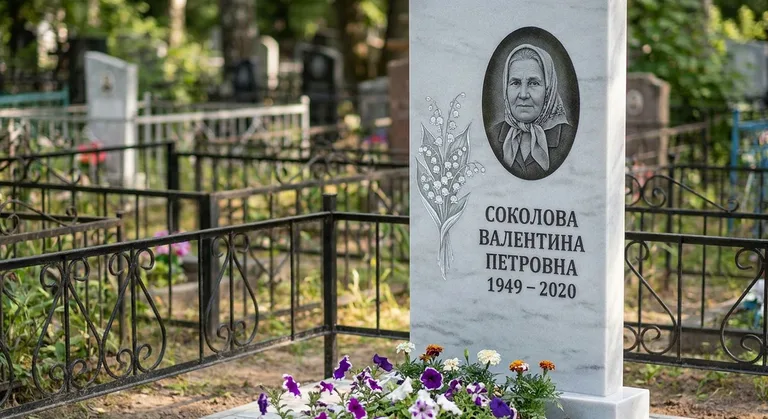 Памятник с гравировкой ландышей — выполненная работа «Соколова» в Пензе
