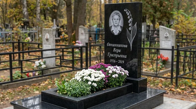 Памятник с гравировкой ландышей — выполненная работа «Овчинникова» в Пензе