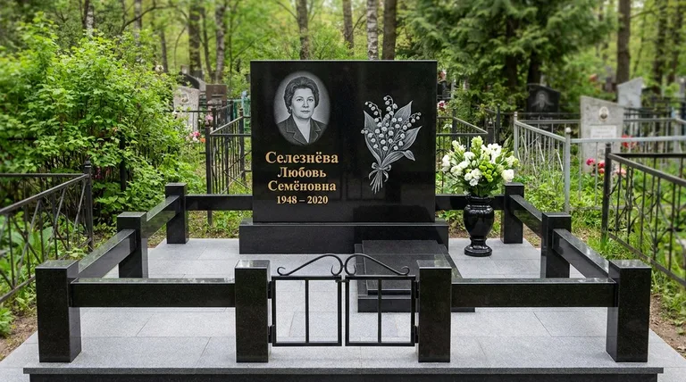 Памятник с гравировкой ландышей — выполненная работа «Селезнёва» в Пензе