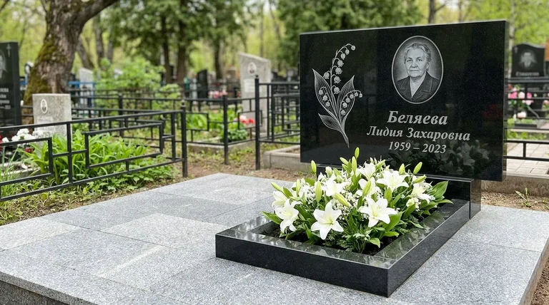 Памятник с гравировкой ландышей — выполненная работа «Беляева» в Пензе