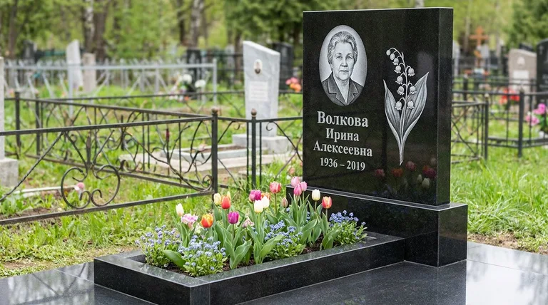 Памятник с гравировкой ландышей — выполненная работа «Волкова» в Пензе