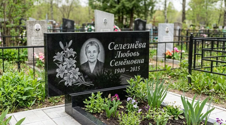 Памятник с гравировкой лилий — выполненная работа «Селезнёва» в Пензе