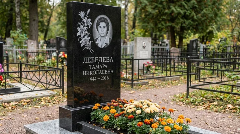 Памятник с гравировкой лилий — выполненная работа «Лебедева» в Пензе