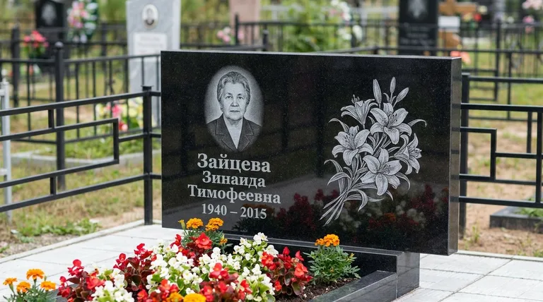 Памятник с гравировкой лилий — выполненная работа «Зайцева» в Пензе