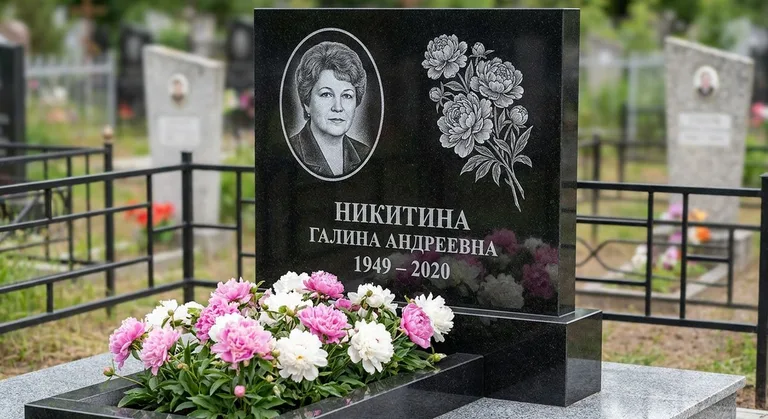 Памятник с гравировкой пионов — выполненная работа «Никитина» в Пензе