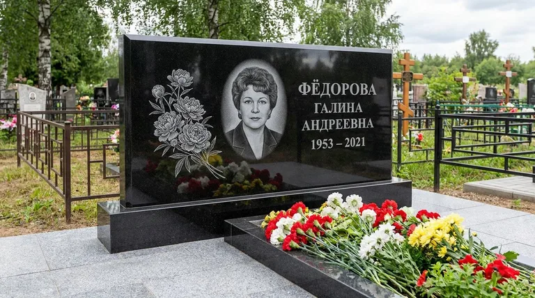 Памятник с гравировкой пионов — выполненная работа «Фёдорова» в Пензе