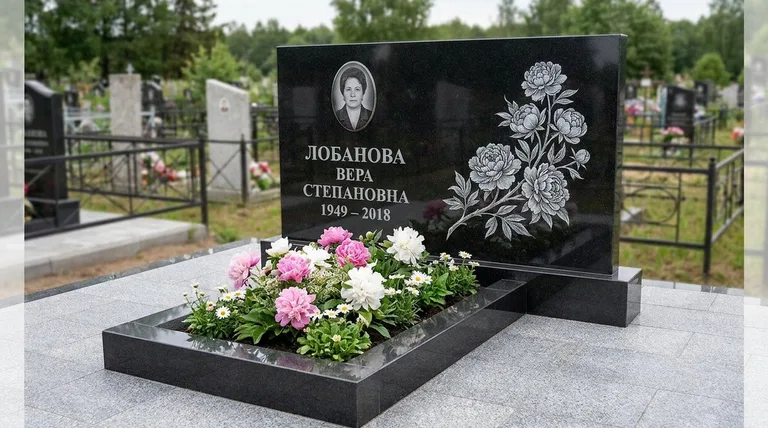 Памятник с гравировкой пионов — выполненная работа «Лобанова» в Пензе