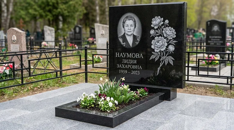 Памятник с гравировкой пионов — выполненная работа «Наумова» в Пензе