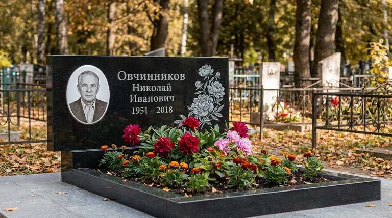 Памятник с гравировкой пионов — выполненная работа «Овчинников» в Пензе