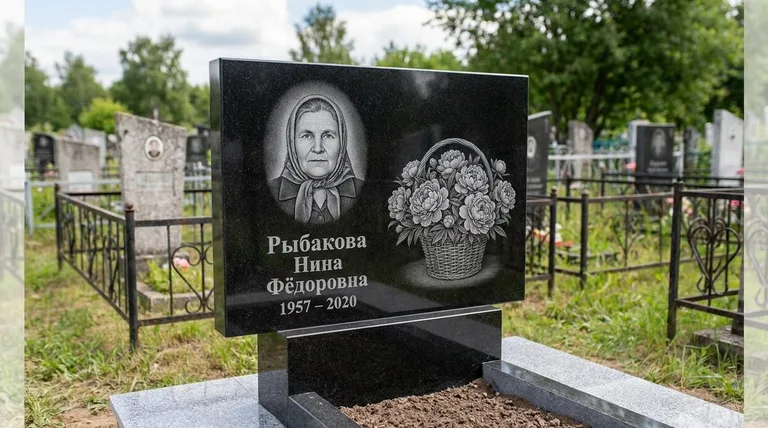 Памятник с гравировкой пионов — выполненная работа «Рыбакова» в Пензе