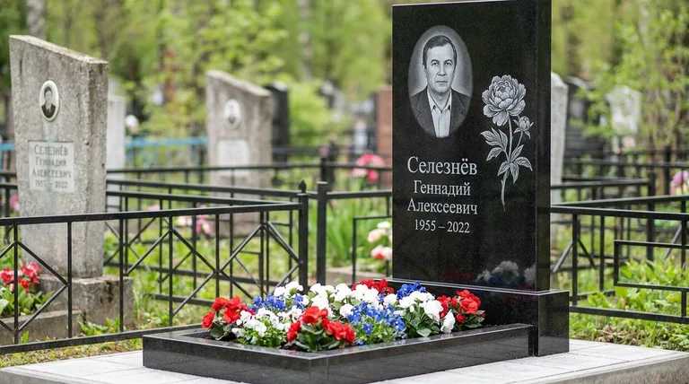 Памятник с гравировкой пионов — выполненная работа «Селезнёв» в Пензе