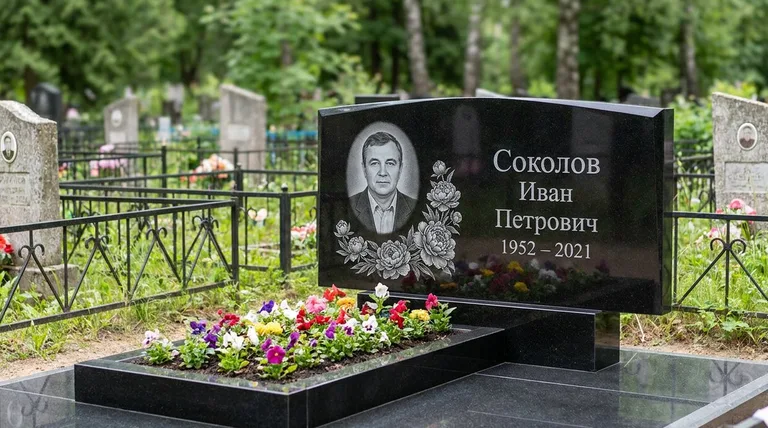 Памятник с гравировкой пионов — выполненная работа «Соколов» в Пензе