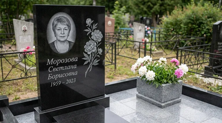 Памятник с гравировкой пионов — выполненная работа «Морозова» в Пензе