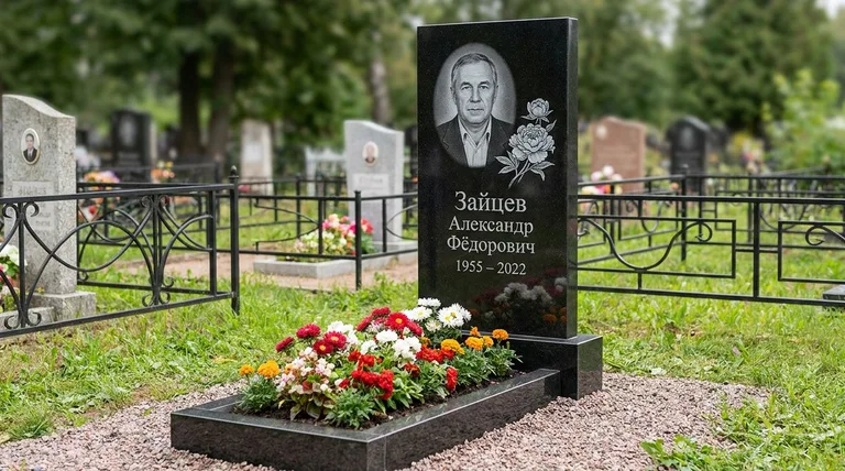 Памятник с гравировкой пионов — выполненная работа «Зайцев» в Пензе