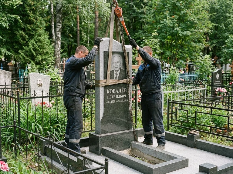 Демонтаж памятника на кладбище в Пензе — бригада аккуратно снимает старый гранитный памятник с могилы