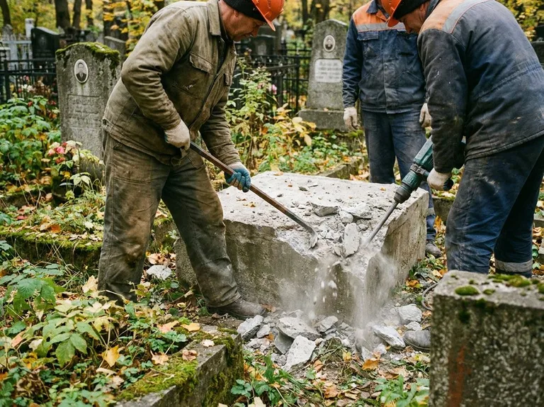 Демонтаж бетонного цоколя и тумбы памятника в Пензе
