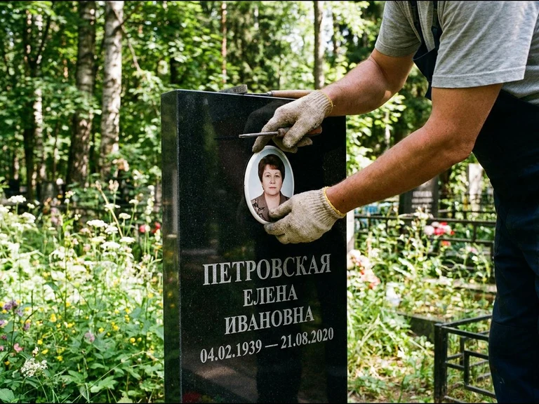 Фото на керамике на памятник в Пензе — мастер устанавливает овальный керамический портрет на гранитный памятник