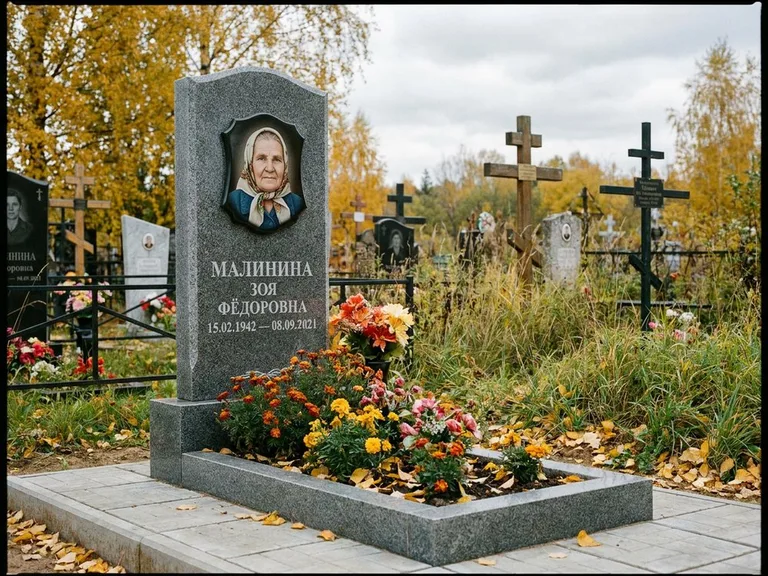 Чёрно-белый керамический портрет на памятнике в Пензе