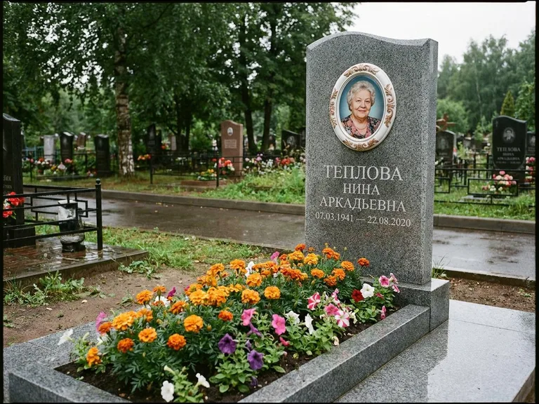 Керамический портрет на памятнике с цветами в Пензе