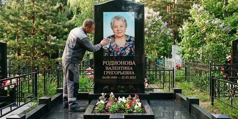 Фотокерамика и печать фото на памятник в Пензе — мастер устанавливает цветной портрет на стекле на гранитный памятник