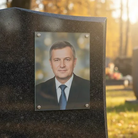 Портрет на стекле на держателях на чёрном граните в Пензе