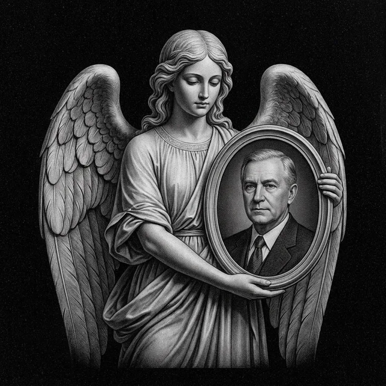 Эскиз гравировки ангела на памятник — объёмный ангел с портретом в Пензе