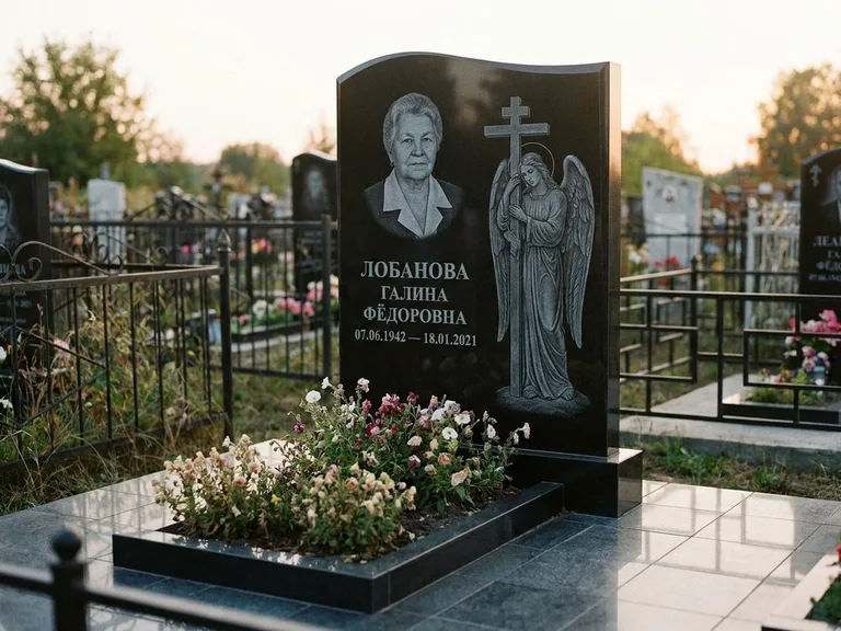Памятник с гравировкой ангела — гравировка ангела с крестом рядом с эпитафией, работа «Лобанова» в Пензе