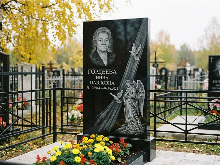 Памятник с гравировкой ангела — гравировка ангела с голубем по диагонали стелы, работа «Гордеева» в Пензе