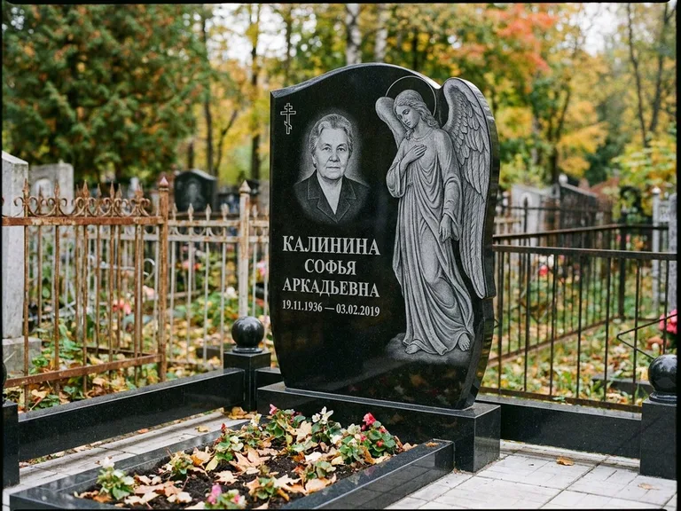 Памятник с гравировкой ангела — гравировка ангела с крестом рядом с эпитафией, работа «Игнатова» в Пензе