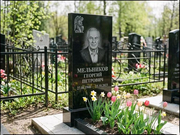 Памятник с гравировкой ангела — гравировка ангела с голубем по диагонали стелы, работа «Доронин» в Пензе