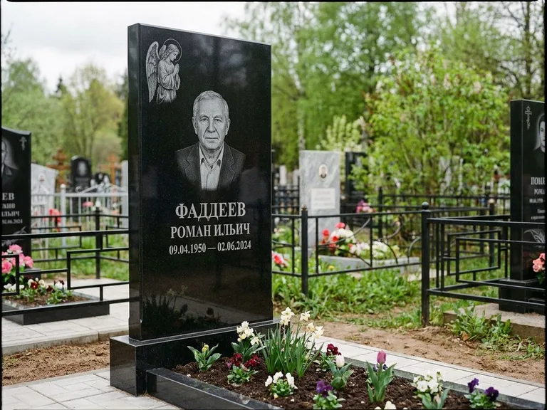 Памятник с гравировкой ангела — гравировка молящегося ангела в верхней части стелы, работа «Фаддеев» в Пензе