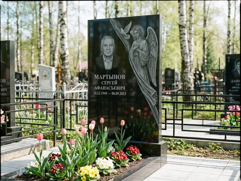 Памятник с гравировкой ангела — гравировка двух ангелов по сторонам портрета, работа «Касаткин» в Пензе