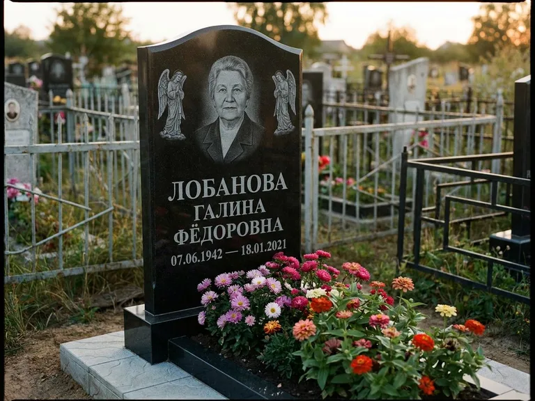 Памятник с гравировкой ангела — гравировка двух ангелов по сторонам портрета, работа «Лобанова» в Пензе
