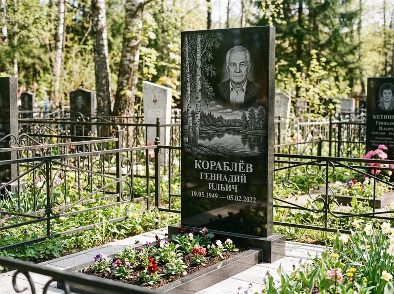 Памятник с гравировкой берёзы — гравировка берёзы у зеркального озера, работа «Кораблёв» в Пензе