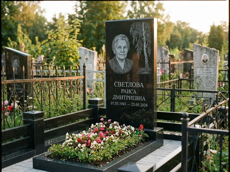 Памятник с гравировкой берёзы — гравировка плакучей берёзы с тонкими ветвями, работа «Светлова» в Пензе
