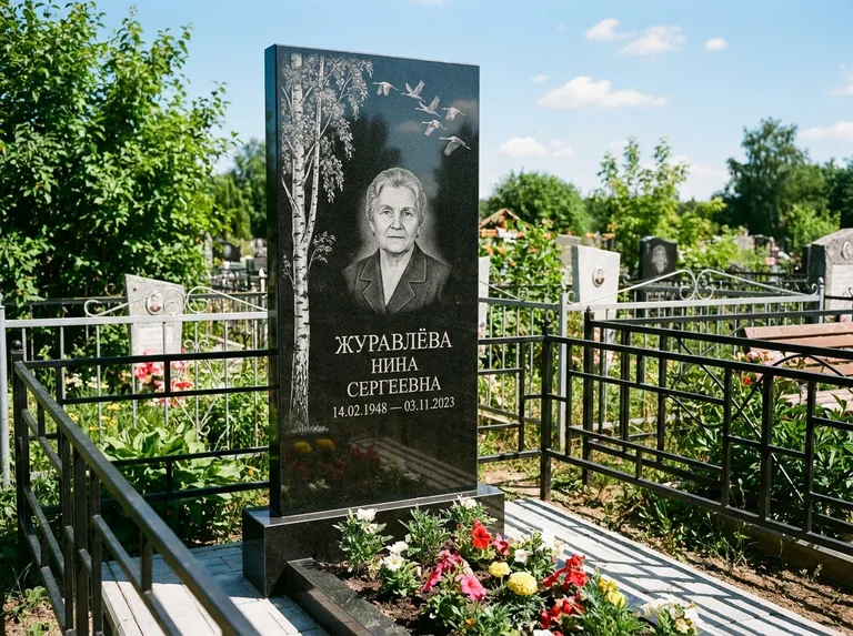 Памятник с гравировкой берёзы — гравировка берёзы с журавлиным клином в небе, работа «Журавлёва» в Пензе