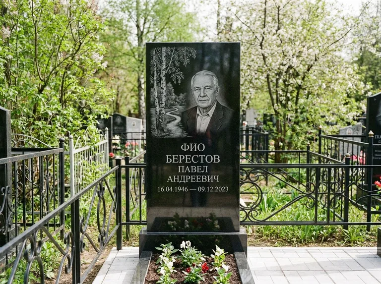 Памятник с гравировкой берёзы — гравировка берёзы у тропинки, уходящей вдаль, работа «Берестов» в Пензе