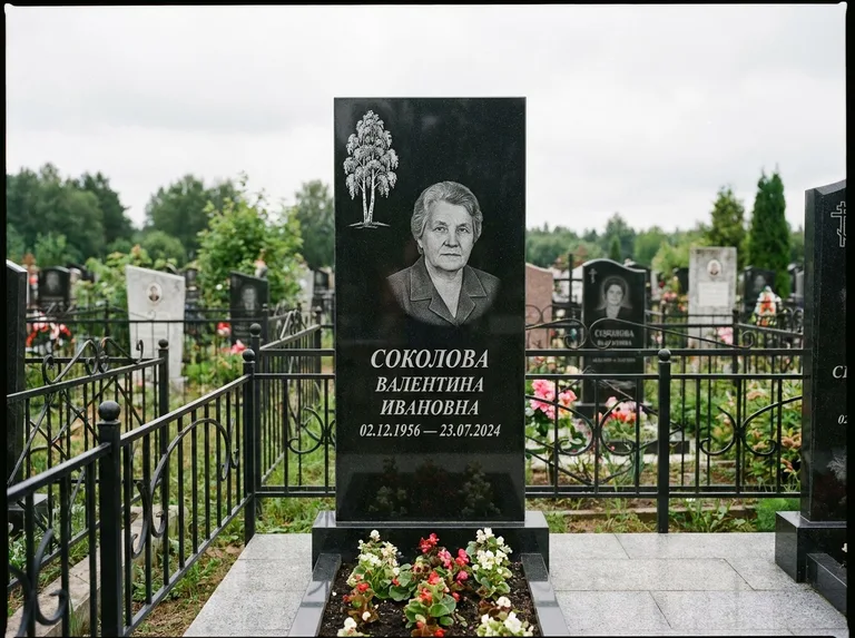 Памятник с гравировкой берёзы — гравировка одинокой берёзы над именем, работа «Соколова» в Пензе