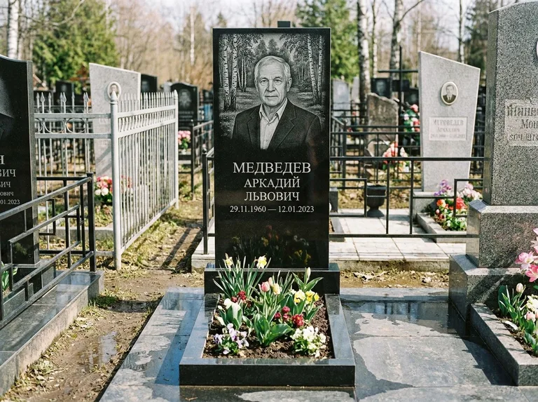 Памятник с гравировкой берёзы — гравировка берёзовой рощи в глубину, работа «Медведев» в Пензе
