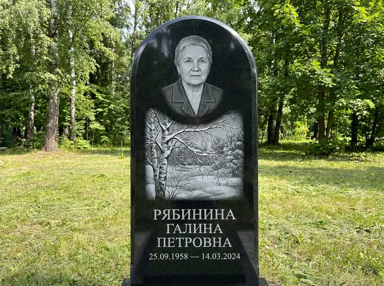 Памятник с гравировкой берёзы: стела с плавным арочным верхом — зимняя берёза, снег на ветвях, газон без ограды, стриженая трава, работа «Рябинина» в Пензе
