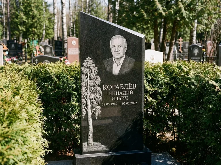 Памятник с гравировкой берёзы: асимметричная скошенная стела — объёмная одинокая берёза с фактурной корой, живая изгородь из туи, работа «Кораблёв» в Пензе