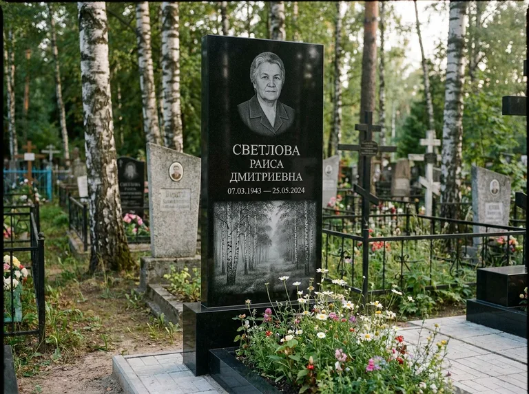 Памятник с гравировкой берёзы: двойная семейная стела — берёзовая роща в лёгкой дымке, цветник с полевыми цветами, работа «Светлова» в Пензе