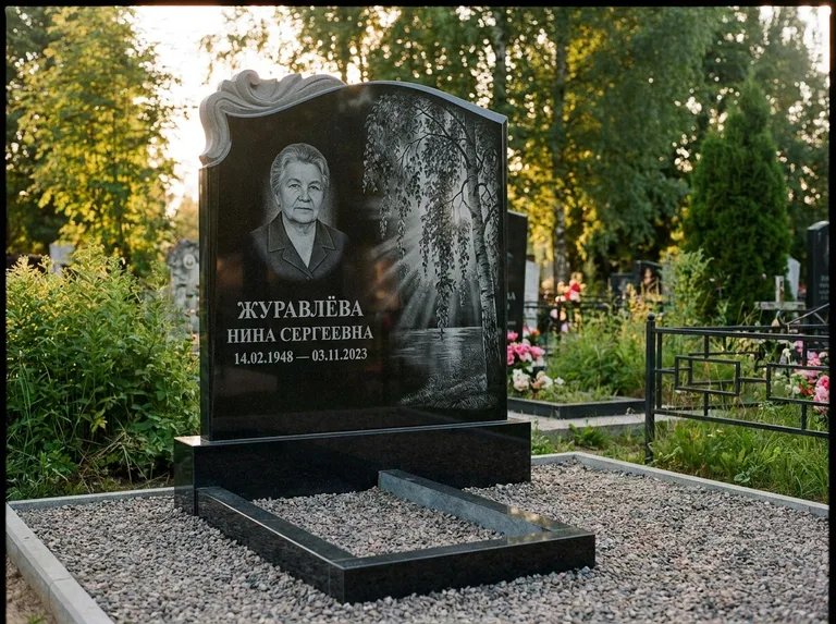 Памятник с гравировкой берёзы: стела с фигурным резным верхом — плакучая берёза в контровом свете, гравийная отсыпка, рассвет, работа «Журавлёва» в Пензе